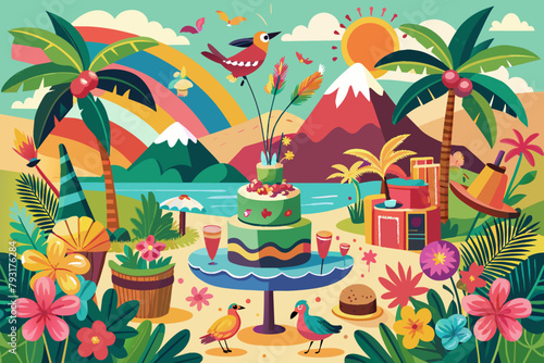 A birthday collage with a tropical paradise theme