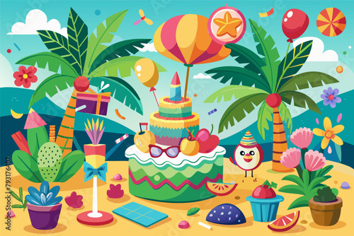 A birthday collage with a tropical paradise theme