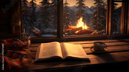 A book resting on the windowsill of a cozy cabin, its pages illuminated by the soft glow of a crackling fireplace
