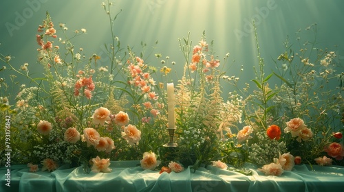 A table is covered in a blue cloth, upon which sits a collection of flowers Sunlight illuminates the scene from behind