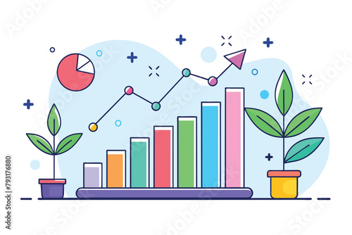 A bar chart displaying plant growth data next to a pie chart for analysis and comparison, graphical analysis of growth data, Simple and minimalist flat Vector Illustration