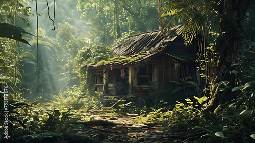 A hut nestled within a meadow amidst the jungle, offering a peaceful escape surrounded by wildflowers and the dense canopy of towering trees.