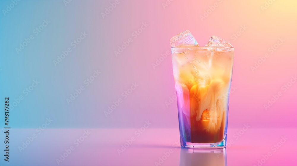 Glass of tasty iced coffee with splashes on color background Glass of tasty iced coffee with splashes on color background