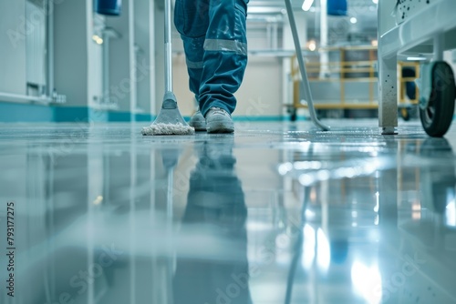 Close-up of professional worker in office providing industrial cleaning services for company
