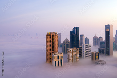 Doha Aerial view of West bay Doha during fog 
