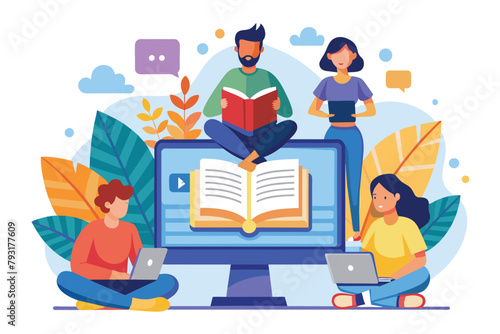 People reading a book and studying online while sitting on a computer, Group of people reading a book and studying online on computer screen, Simple and minimalist flat Vector Illustration