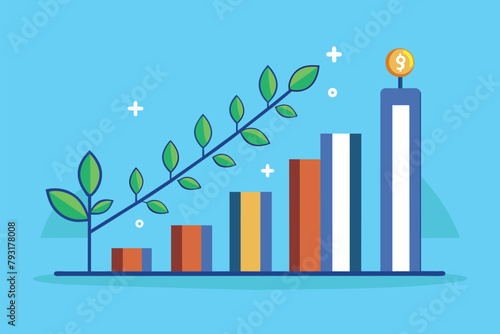 A bar chart with a plant growing on top of it, showcasing the correlation between financial growth and nature, growth chart of money in the bank, Simple and minimalist flat Vector Illustration