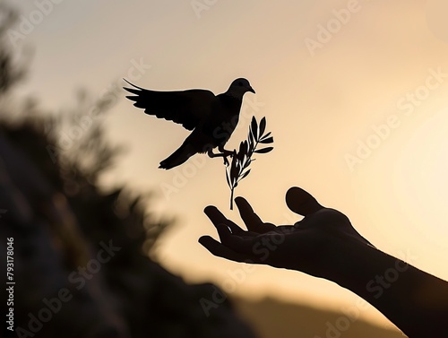 An evocative silhouette portraying a helping hand reaching out towards a dove carrying an olive leaf branch, symbolizing the desire for freedom and peace. International Day of Peace