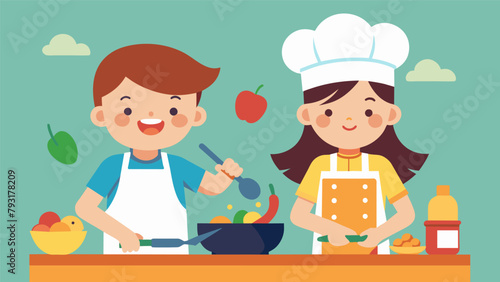 Two siblings team up for a cooking competition working together to create a delicious and unique meal.