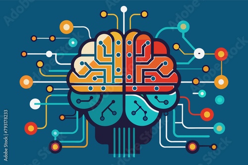A brain shaped like a computer motherboard, with electrical impulses symbolizing complex thought processes.