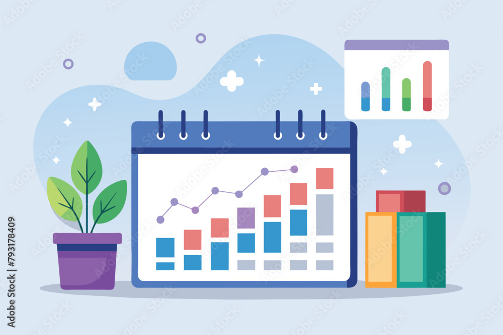 A calendar sits next to a plant, combining growth data presentation with a simple design, Growth data presentation and calendar, Simple and minimalist flat Vector Illustration