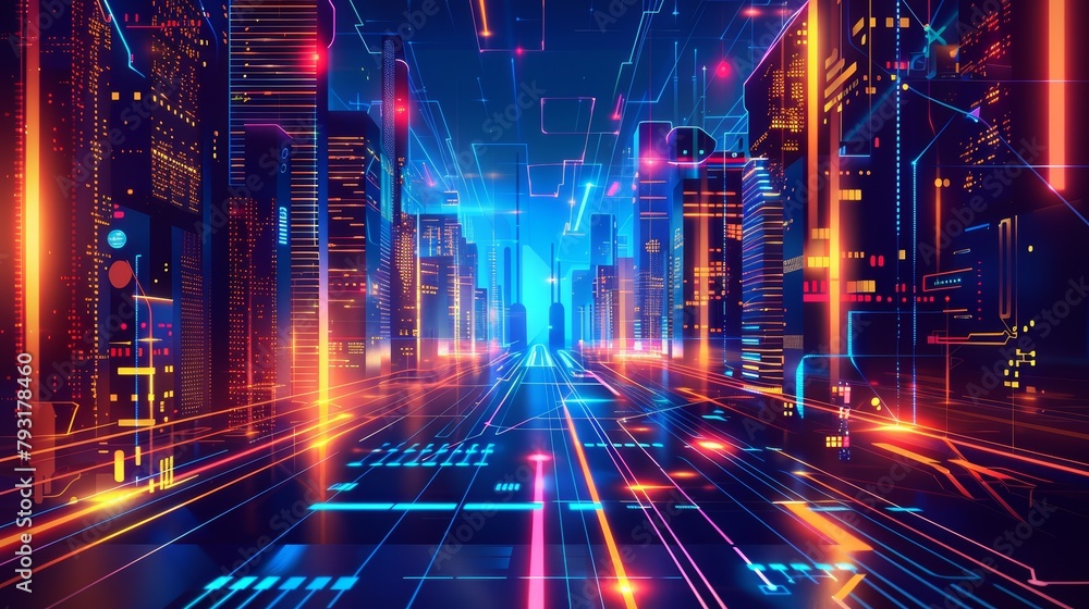 Neon city street with futuristic architecture. Digital art of cyberpunk cityscape with dynamic lighting