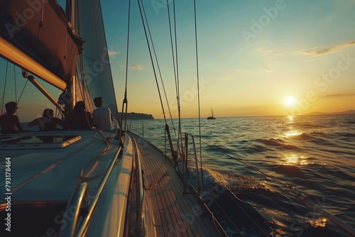 Group of young friends on luxury yacht, enjoying travel and sailing at sunset on the sea