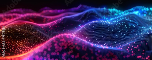 Vibrant digital landscape with wavy particle network in blue, pink, and orange.