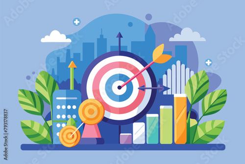 An arrow pierces the center of a target in a graphic representing the concept of hitting growth data targets, Growth data with targets concept flat illustartion