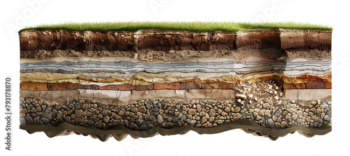 Section of soil with underground water, layers of earth and rocks