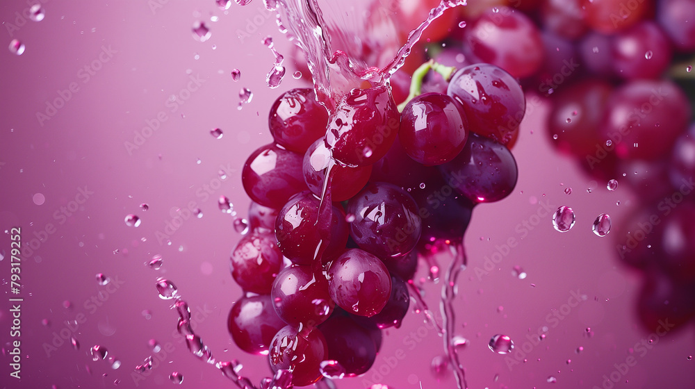 grapes on pink background with splashing water