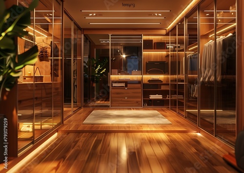 Modern luxury wooden and glass dressing room with wardrobe, interior design of
