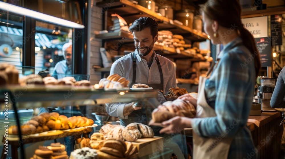 Male baker serving bread to female customer. Artisan bakery interior with fresh pastries.