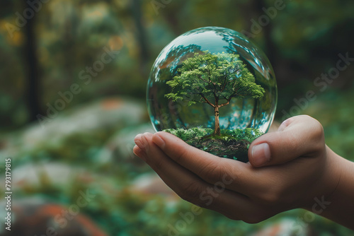 hand hoding a glass sphere with miniature tree inside (1) photo