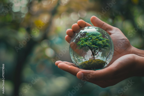 hand hoding a glass sphere with miniature tree inside (3) photo
