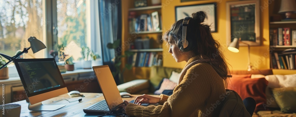 Woman working at home with laptop and headphones in a cozy office setting. Comfortable remote work environment