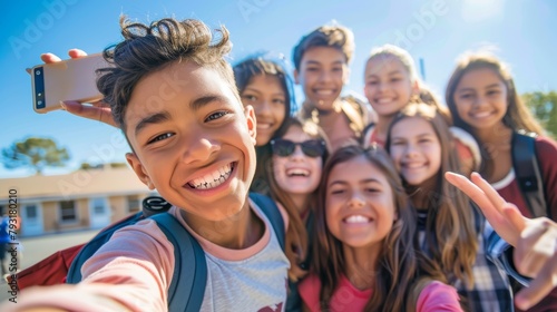 Smiling group of diverse school kids taking a selfie outside. Friendship and technology concept.