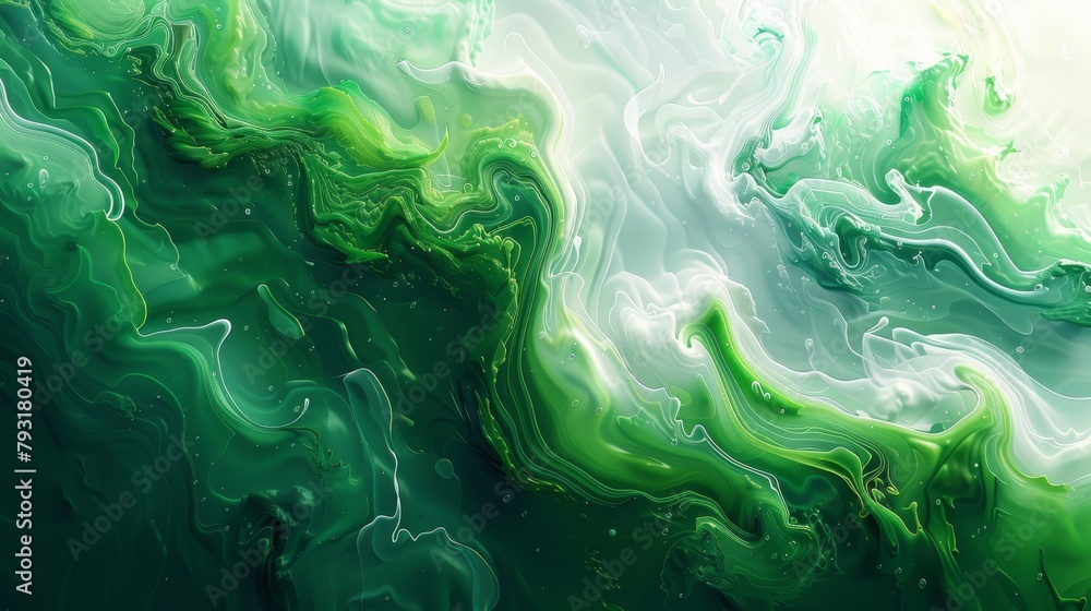 A painting of green and white swirls against a green-white background, with water droplets at its bottom A painting of green and white swirls against a green-white background, with water droplets at its bottom