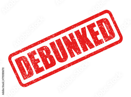 Debunked red grunge stamp isolated on white background