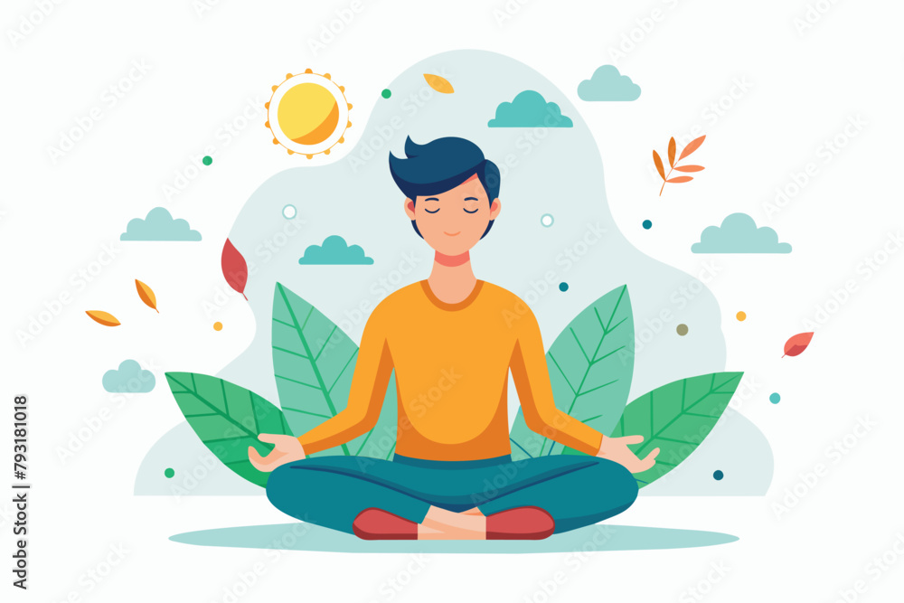 A man sitting in a lotus position with leaves surrounding him in nature, Health benefits for body, mind and emotions, lotus position, thought process, Simple and minimalist flat Vector Illustration
