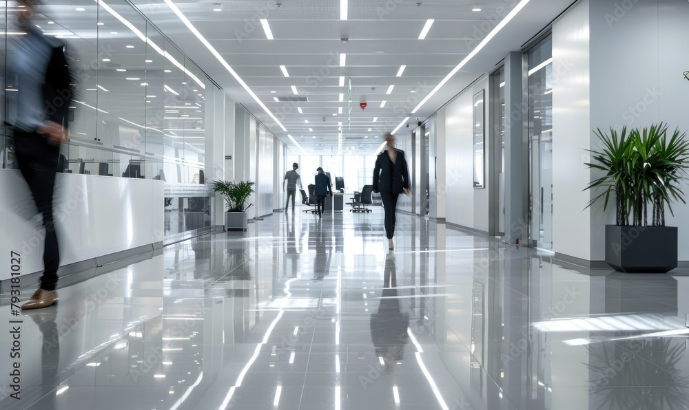 Interior of modern office and employees in company corridor, motion blur effect