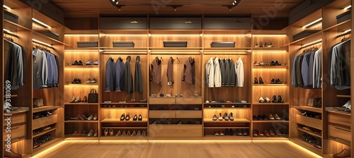 Modern luxury wooden wardrobe interior with many and shoes on shelves, in hangers hanging from ceiling in dressing room, 3d rendering illustratio photo
