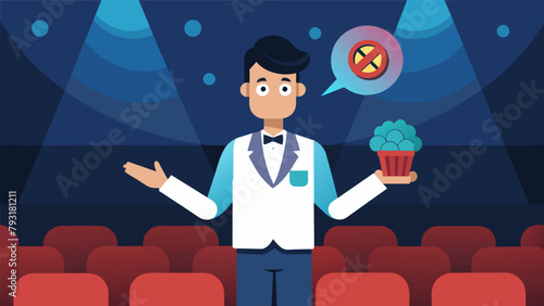 A theatre usher reminding patrons to turn off their neural interfaces before the show starts to avoid any distractions or disturbances during the.