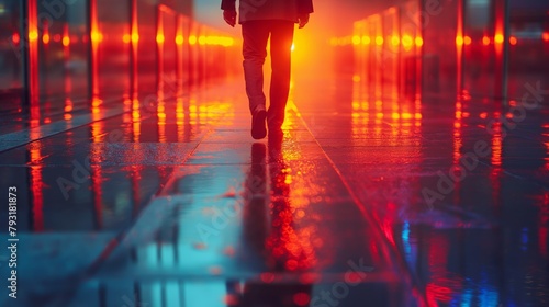 A man in a business suit walking on illuminated wet asphalt, surrounded by colorful reflections of light