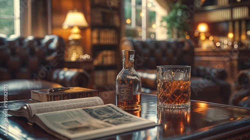 A bottle of whiskey and a glass on the table in front of a book in a modern luxury living room with vintage furniture