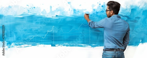 Artist painting on abstract blue background