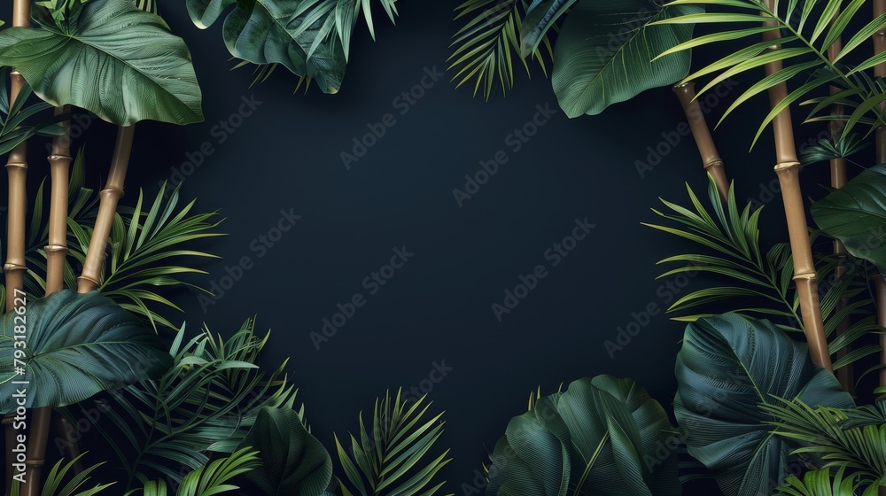 Close-up of green bamboo stems with fresh leaves on a dark background with a copy space for text. Close-up of green bamboo stems with fresh leaves on a dark background with a copy space for text.