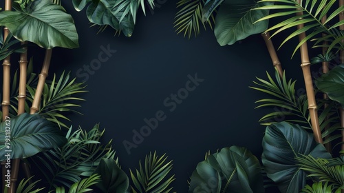 Close-up of green bamboo stems with fresh leaves on a dark background with a copy space for text.