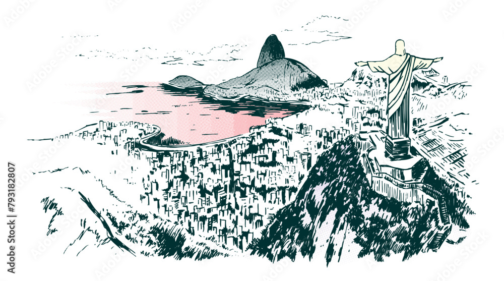 Vector illustration of aerial view of Guanabara Bay, Rio de Janeiro, Brazil. Art in stripped lines, handmade, representing current times.