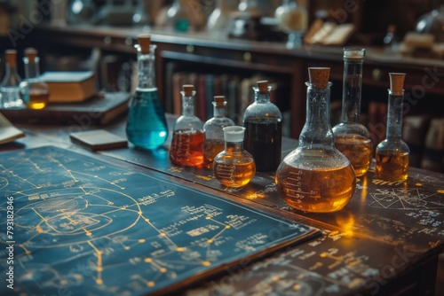 Vintage alchemy lab with glassware and diagrams