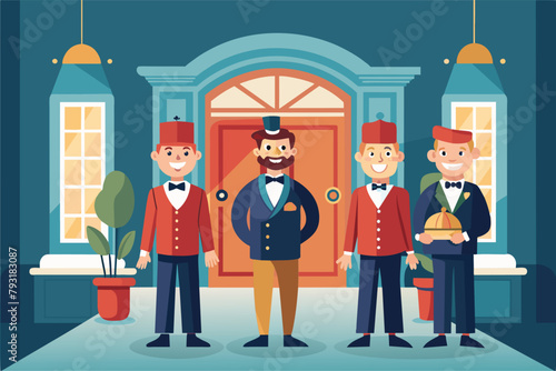 Smiling doormen welcoming visitors in front of hotel door, hotel service concept of smiling doormen welcoming guests, Simple and minimalist flat Vector Illustration