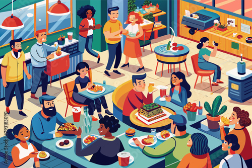 A bustling food court filled with people from diverse backgrounds enjoying different cuisines.