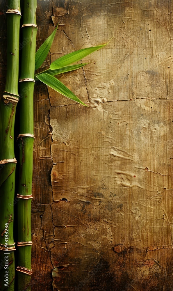 Obraz premium Bamboo stems on a rugged wooden textured background with natural tones.