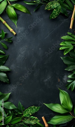 Fresh bamboo and green leaves on a textured wall.
