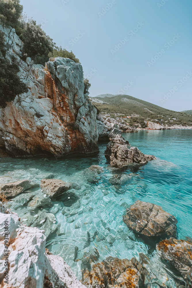 Rocks and ocean coast with blue water background. Tropical Ocean poster.