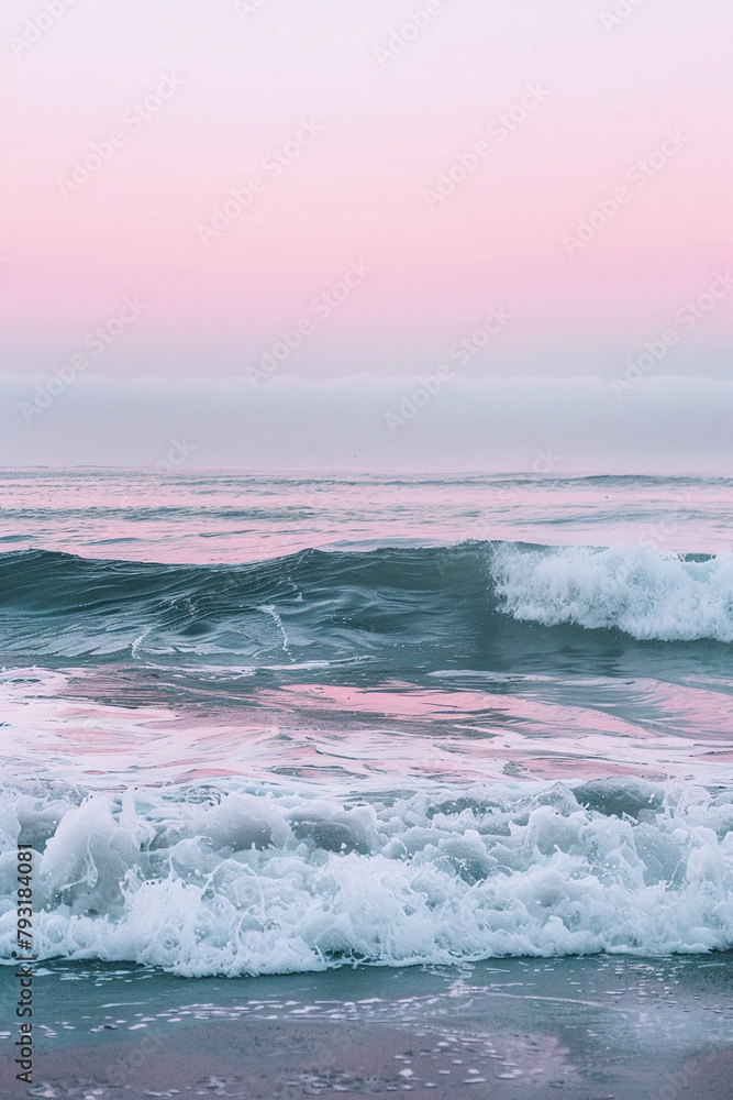 Fototapeta premium Blue and pink colors tones of coast and ocean. Tropical beach background. Coastal background.