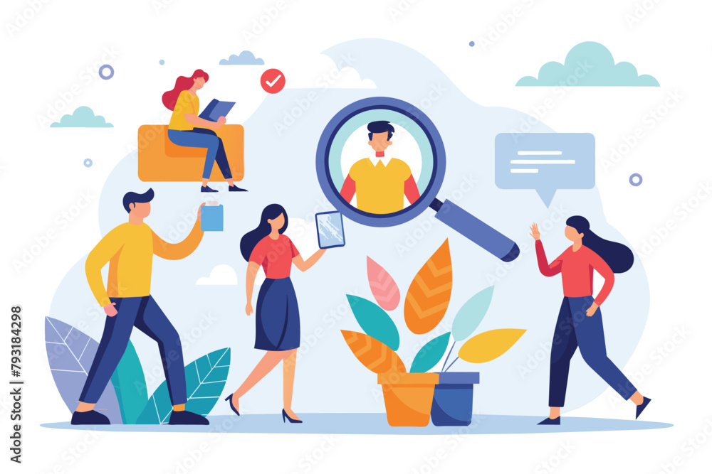 HR team examining and searching through a magnifying glass with focus and curiosity, hr team looking for outsource employees concept, Simple and minimalist flat Vector Illustration