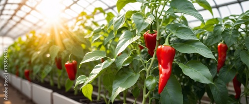 Red bell peppers growing inside a greenhouse