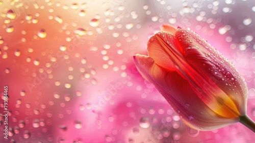 A close up photo captures a tulip petal against a backdrop of water droplets on a window creating a stunning floral background photo