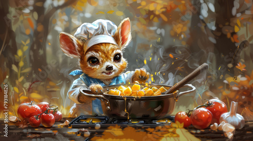  A painting of a small dog in a chef's hat, stirring a pot over a stove top